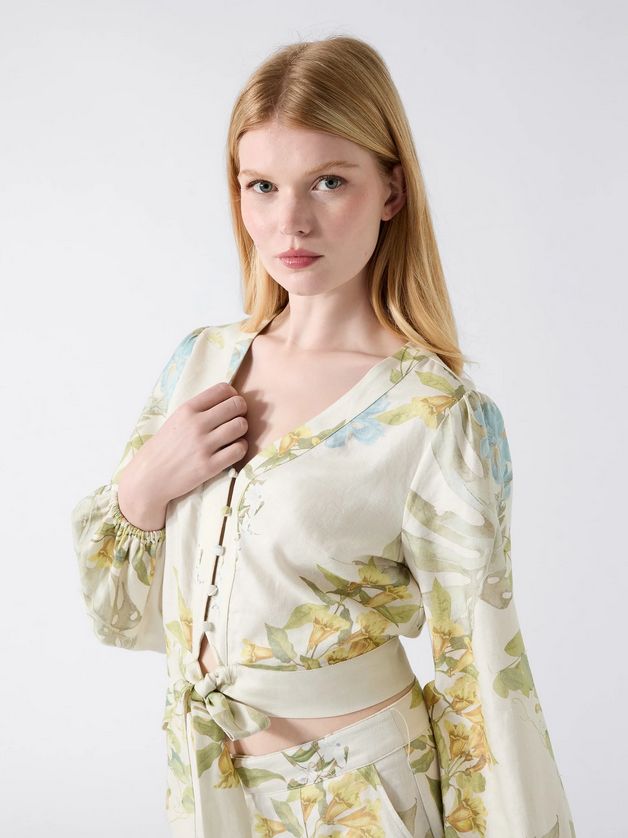 Guess W6GHA4W2565 Women’s Long Sleeve Shirley Linen Top