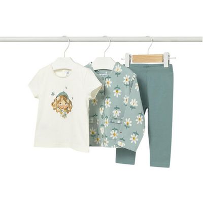  Mayoral 1749 Baby Girl's Flower Print SS T-shirt, Teal Cardigan & Pants Set 3PC/MENTHA