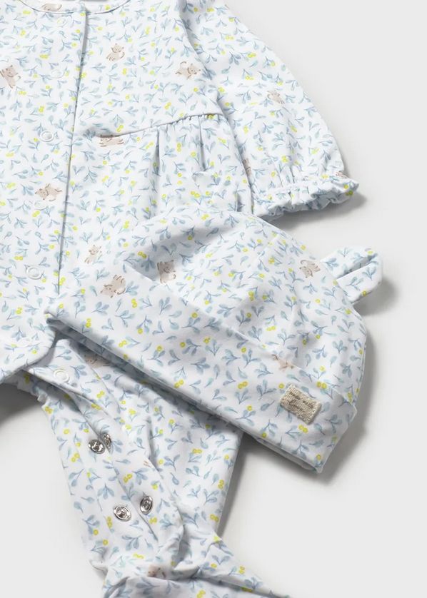 Mayoral 1706 Baby Girl's Long Sleeve Cat Print Onesie & Hat Set 2PC – Lagoon