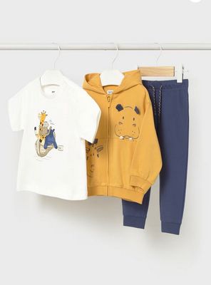 Mayoral 1833 Baby Boy's Animal Short Sleeve T-Shirt, Zip-Up & Jogger Tracksuit Set 3PC – Peach
