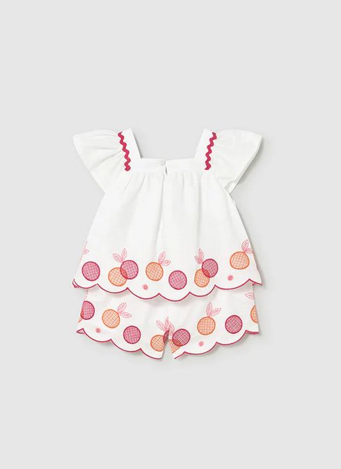 Mayoral 1214 Girl's Junior Short Sleeve Embroidered Citrus Top & Short Set 2PC – Blanco