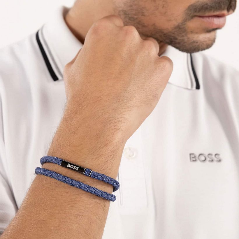 BOSS 1580800 Men's Ares Blue Denim Nylon w/ S. Steel Clousure Bracelet