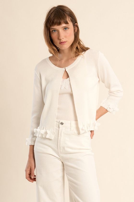 Molly Bracken E1053EP Women's Mesh Floral Hem Knit Cardigan