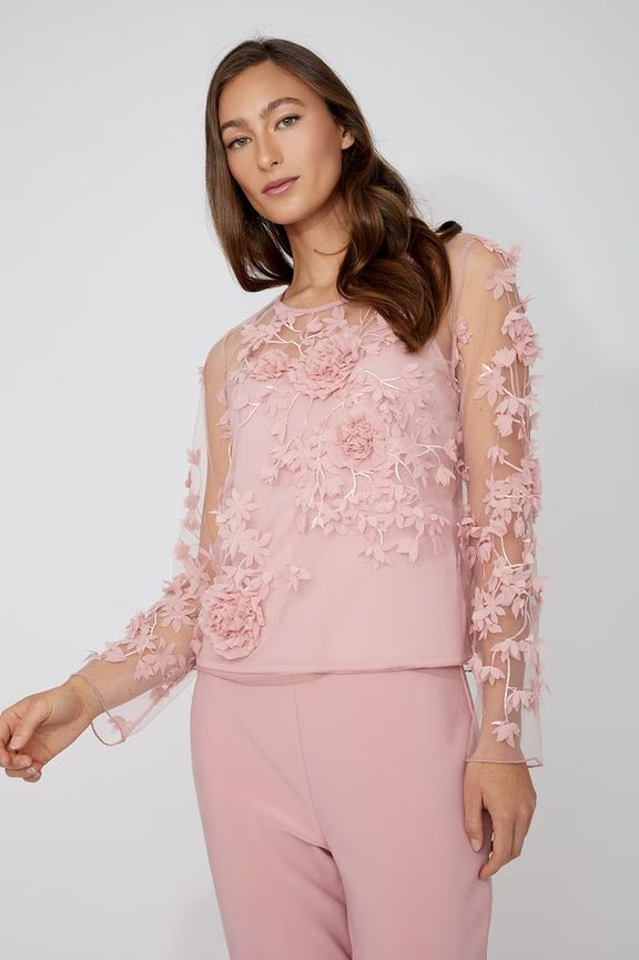 Frank Lyman 268319 Floral Applique Mesh Long Sleeve Blouse