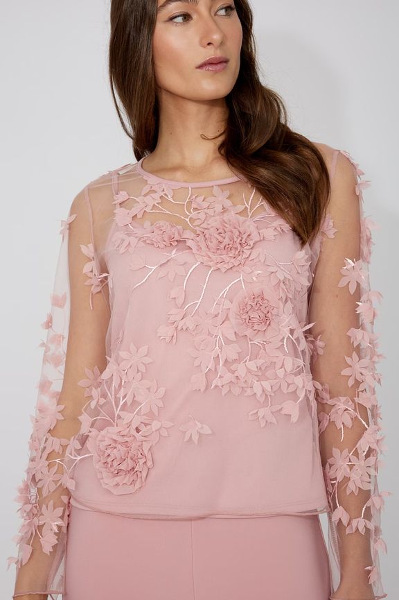Frank Lyman 268319 Floral Applique Mesh Long Sleeve Blouse