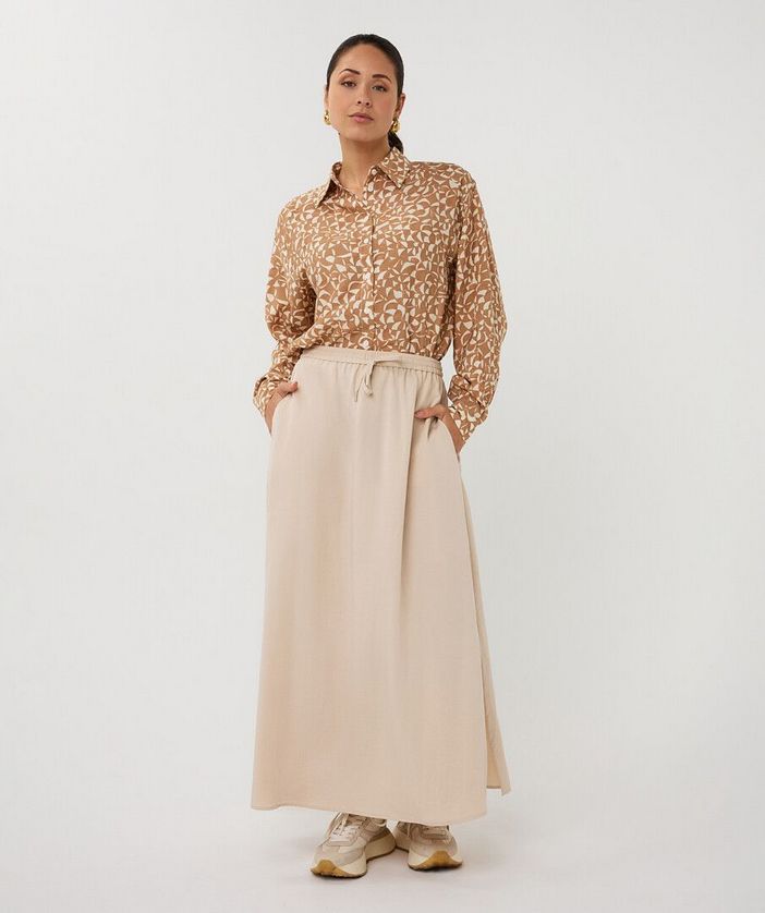 Esqualo SP2614007 Women's Long Sleeve Button Down Print Blouse – Off-White & Tan