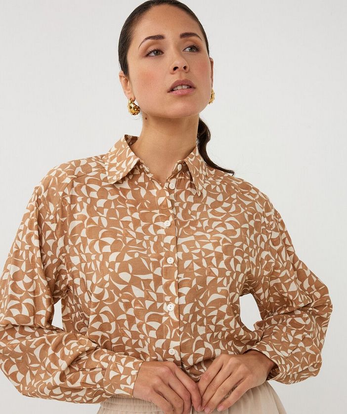 Esqualo SP2614007 Women's Long Sleeve Button Down Print Blouse – Off-White & Tan