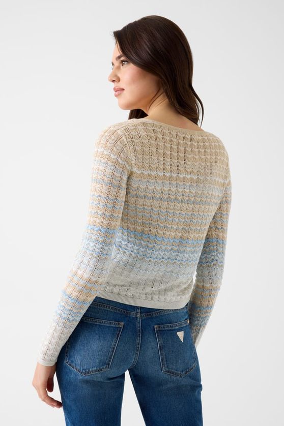 Guess W6GR07Z0588 Women's Long Sleeve Rosalyn Chevron Knit Cardigan – Lt Blue&beige