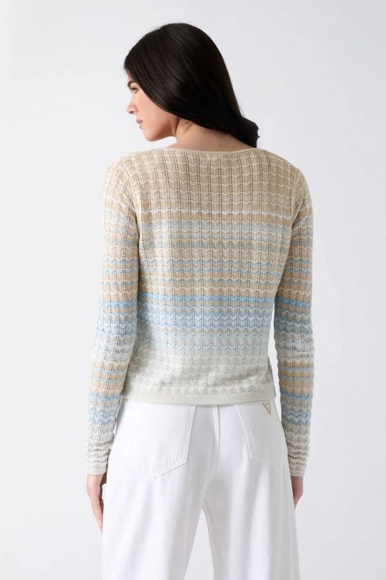 Guess W6GR07Z0588 Women's Long Sleeve Rosalyn Chevron Knit Cardigan – Lt Blue&beige