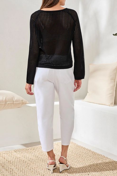 Tribal 6219O Women's Long Sleeve Openwork Boat Neck Sweater – Black