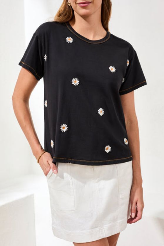 Tribal 3043O Women's Embroidered Daisy Crew Neck T-Shirt – Black