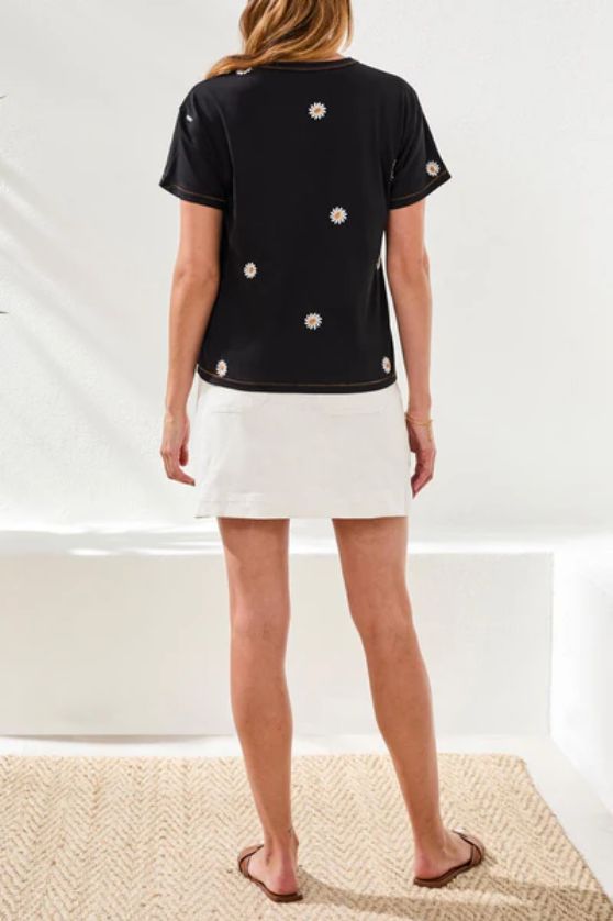 Tribal 3043O Women's Embroidered Daisy Crew Neck T-Shirt – Black
