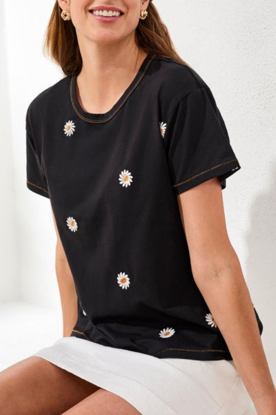 Tribal 3043O Women's Embroidered Daisy Crew Neck T-Shirt – Black
