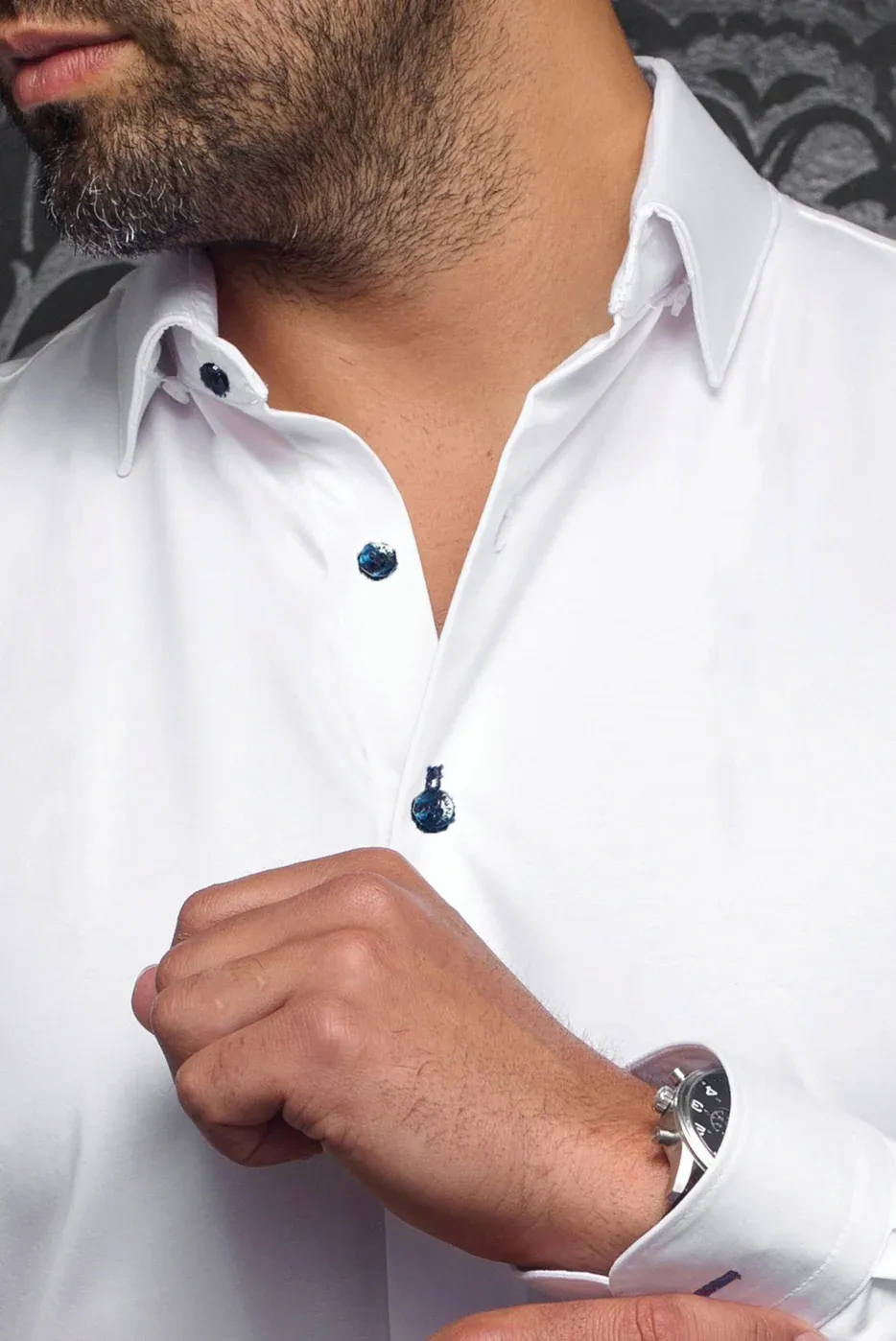 Au Noir ALEXANDER SLD Men's Long Sleeve Extendable Dress Shirt – White Navy