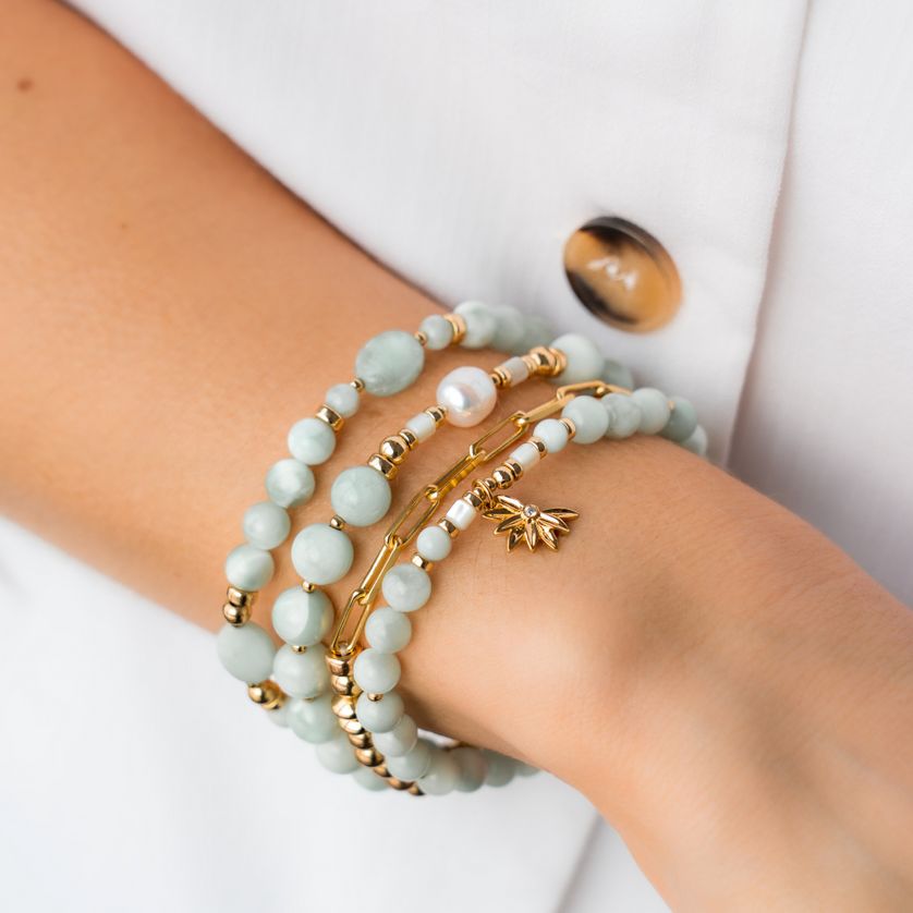 Beblue BBSURPRESTI-EB Women's Gold & Sage Bead Bracelet W/ White Pearl