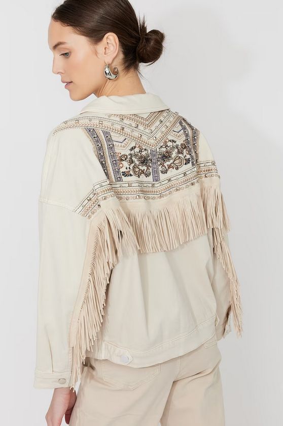 Frank Lyman 261605 Women's Embroidered Fringe Jean Jacket