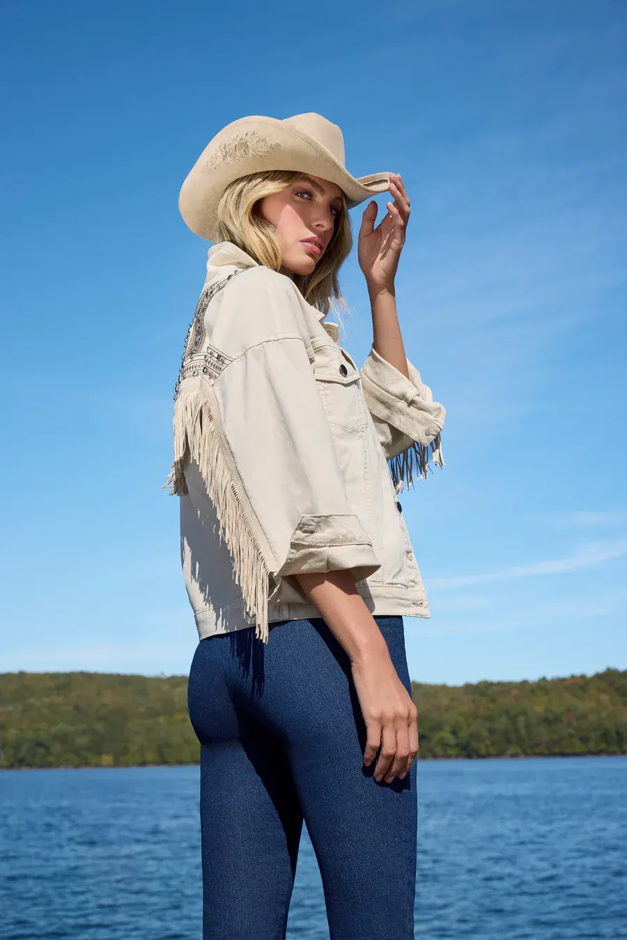 Frank Lyman 261605 Women's Embroidered Fringe Jean Jacket