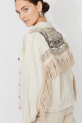 Frank Lyman 261605 Women's Embroidered Fringe Jean Jacket/