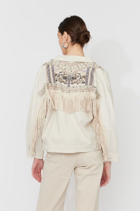 Frank Lyman 261605 Women's Embroidered Fringe Jean Jacket