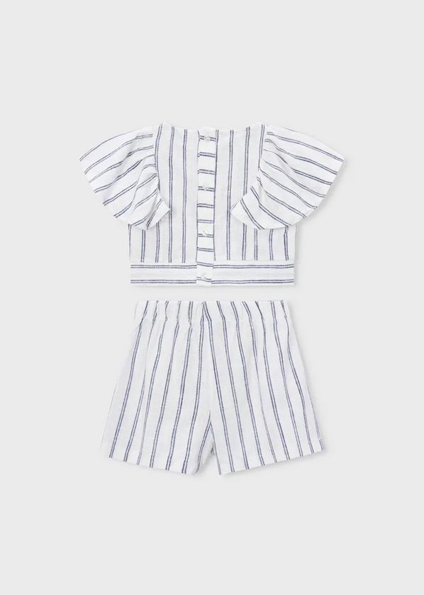 Mayoral 3949 Girls Striped Linen Top & Short Set/ WHITE-NAVY
