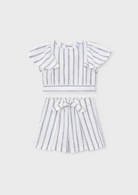 Mayoral 3949 Girls Striped Linen Top & Short Set/ WHITE-NAVY/ 