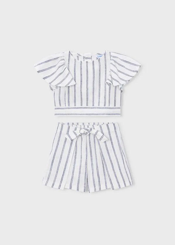 Mayoral 3949 Girls Striped Linen Top & Short Set/ WHITE-NAVY