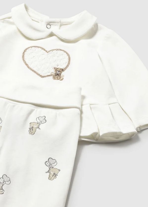 Mayoral 1592 Baby Girl's Long Sleeve Heart Embroidery Top & Bear Print Leg Warmer Set 2PC – Crudo
