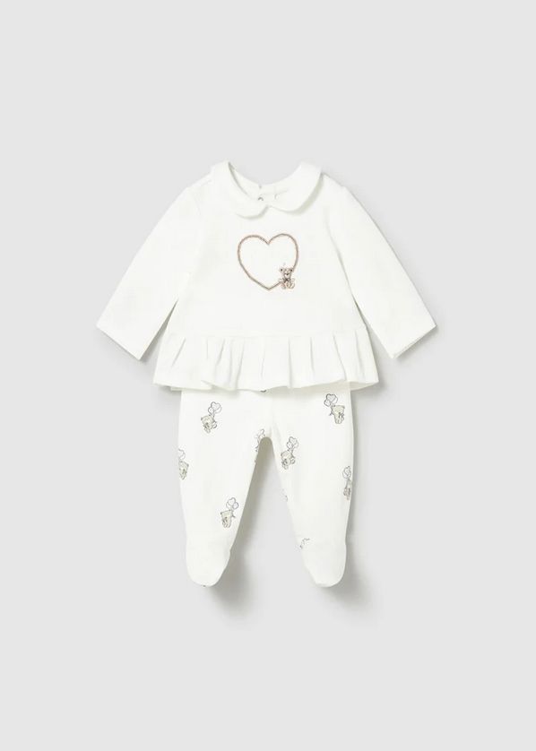 Mayoral 1592 Baby Girl's Long Sleeve Heart Embroidery Top & Bear Print Leg Warmer Set 2PC – Crudo