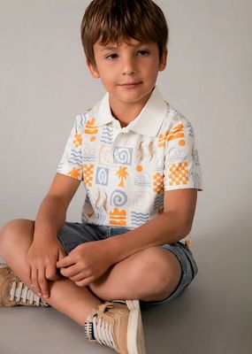 Mayoral 3104 Palm & Lizard Print S/S Polo/ WHITE-ORANGE-BLUE/