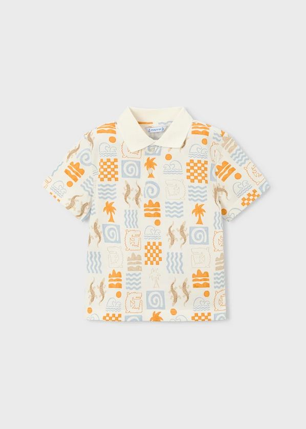 Mayoral 3104 Palm & Lizard Print Short Sleeve Polo/ WHITE-ORANGE-BLUE