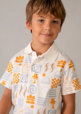 Mayoral 3104 Palm & Lizard Print Short Sleeve Polo/ WHITE-ORANGE-BLUE