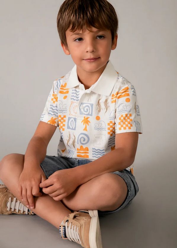 Mayoral 3104 Palm & Lizard Print Short Sleeve Polo/ WHITE-ORANGE-BLUE