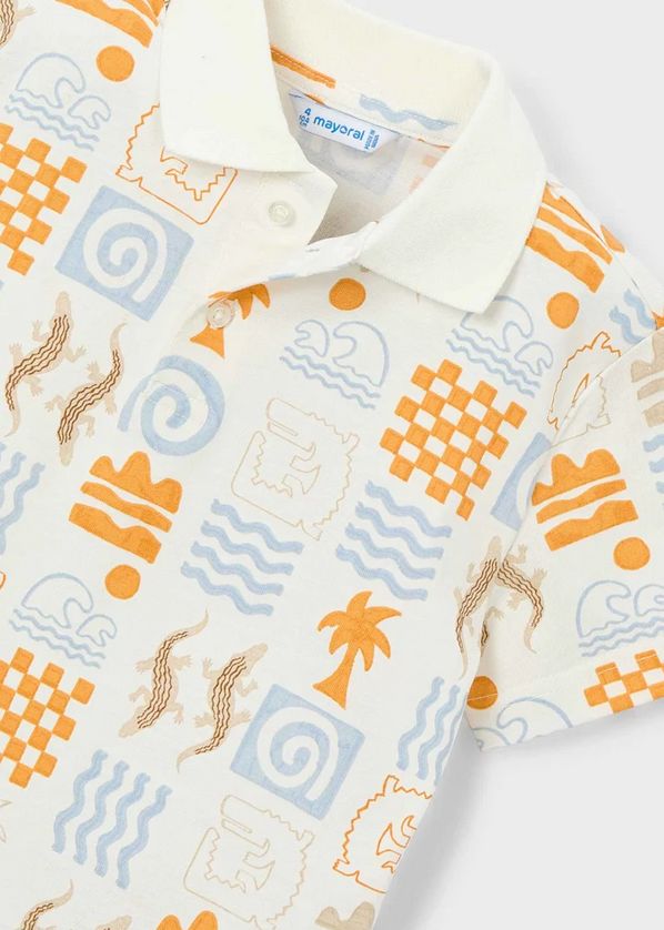Mayoral 3104 Palm & Lizard Print Short Sleeve Polo/ WHITE-ORANGE-BLUE