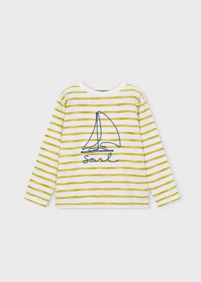 Mayoral 3083 Boy's Junior LS Embroidered Boat & Stripe T-Shirt/OLIVA