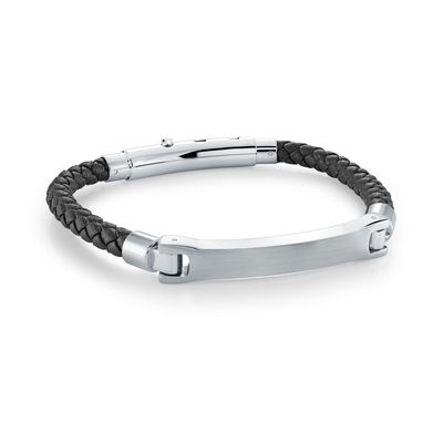 Italgem SLB629 Men's S.Steel ID Plate 3 Way Clasp Black Leather Adjustable Bracelet