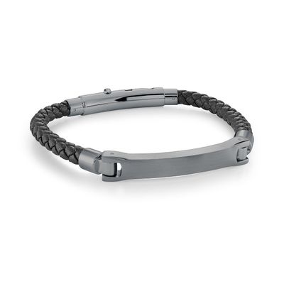 Italgem SLB630 Men's Gun IP S.Steel ID Plate 3 Way Clasp Black Leather Adjustable Bracelet