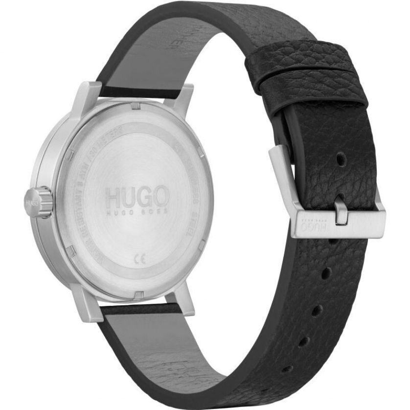 HUGO 1530115 Men's Black Leather & Black Silver Dial Watch