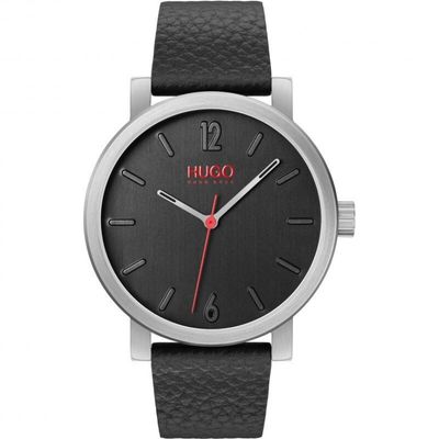 HUGO 1530115 Men's Watch Black Leather Black Silver Dial /BLACK