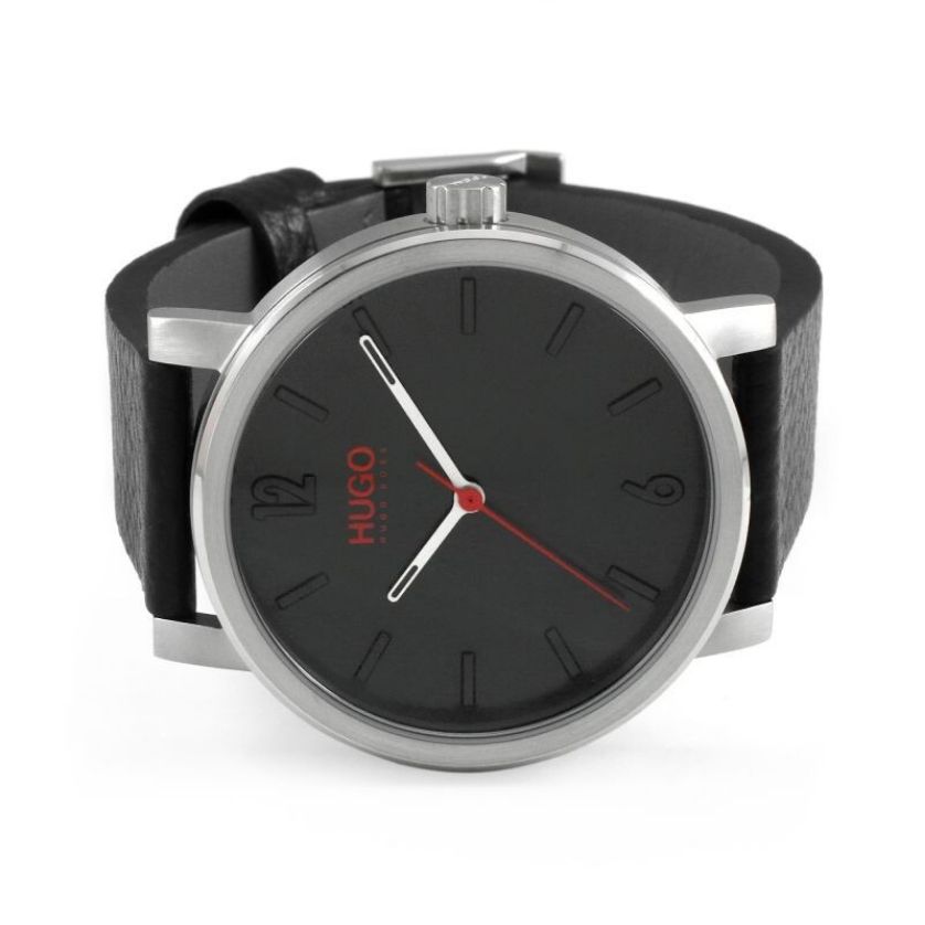 HUGO 1530115 Men's Black Leather & Black Silver Dial Watch