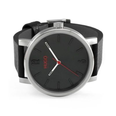 HUGO 1530115 Men's Black Leather & Black Silver Dial Watch