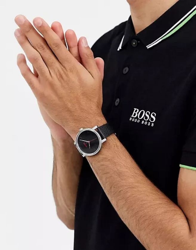 HUGO 1530115 Men's Black Leather & Black Silver Dial Watch