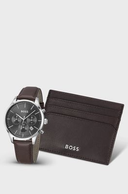 BOSS 1570188 Men's SS Watch & Card Holder Set 2PC/ BROWN (BOX SET)