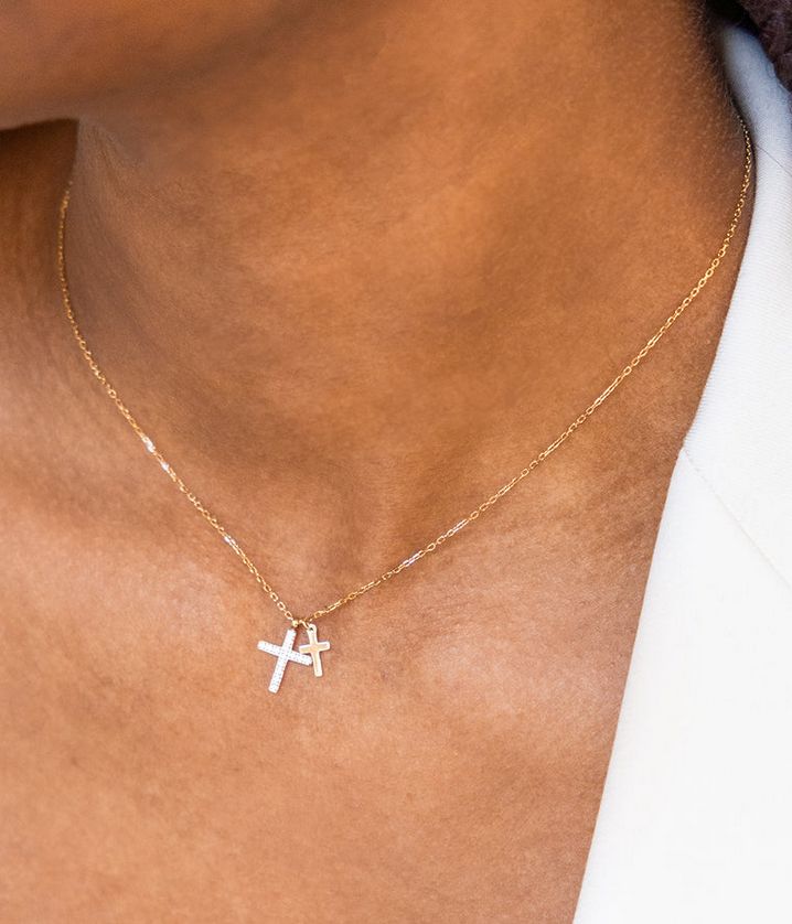 ZAG SNS25812-01 QUATRO Gold S. Steel CZ Double Cross Pendant Necklace