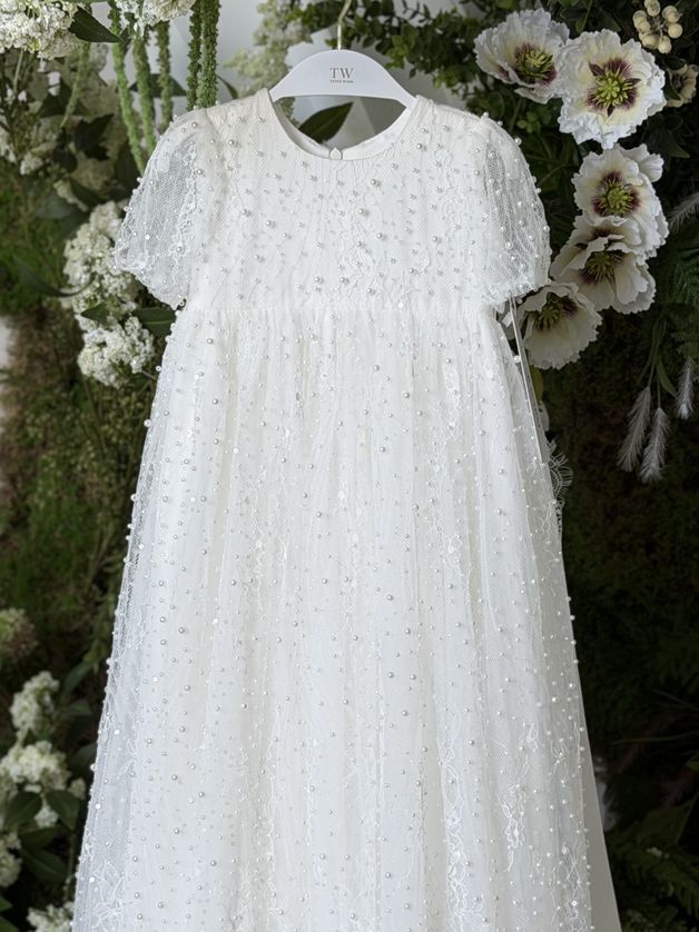 Teter Warm B41L Baby Girl's Pearl Baptismal Dress & Bonnet Set