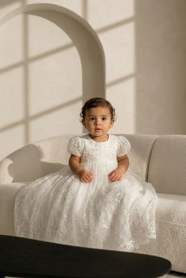 Teter Warm B41L Baby Girl's Pearl Baptismal Dress & Bonnet Set/