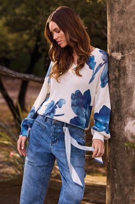 Tribal 6363O-5614-0026 Long Sleeve Knit Floral Print Sweater