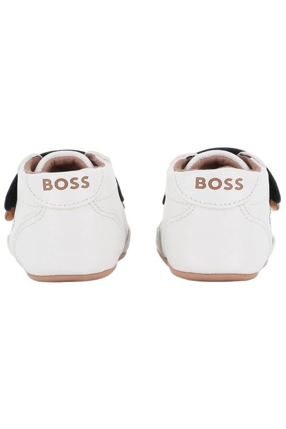 BOSS J53553 Baby Boy's Velcro Strap & Sheep Leather Shoes – White