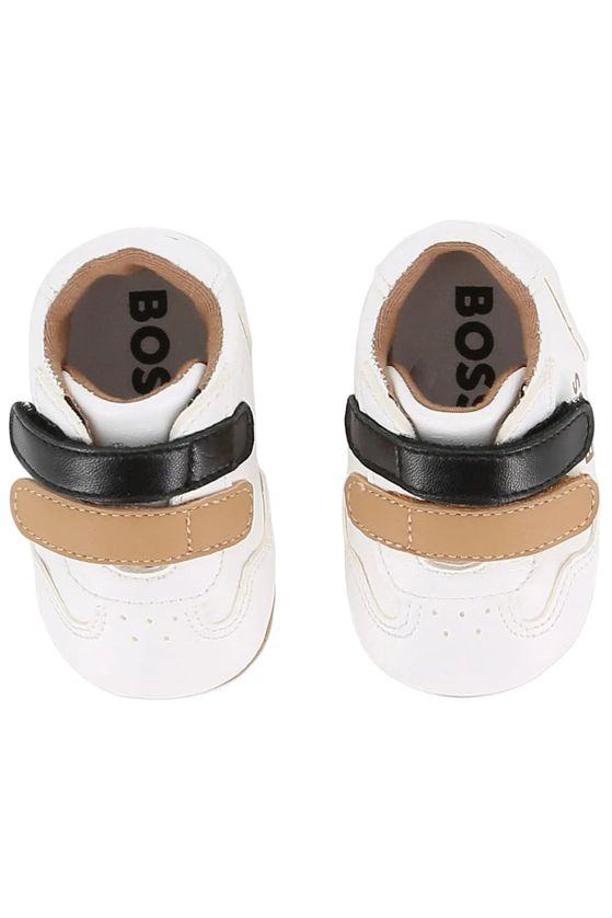 BOSS J53553 Baby Boy's Velcro Strap & Sheep Leather Shoes – White