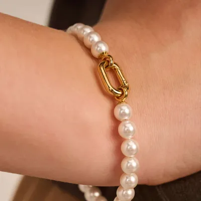 Ti Sento 23037YP/L Women's Gold Plated Link Lock Pearl Bracelet/