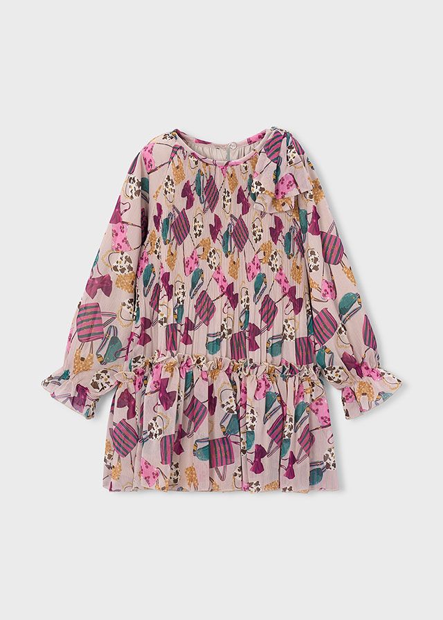 Mayoral 4915 Girl's Long Sleeve Pleated Pattern Dress